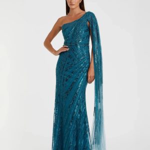 Blue One Shoulder Cape Sleeve Embellished Gown