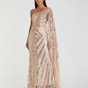 Rose Gold One Shoulder Cape Sleeve Embellished Gown