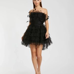 Black Feathered Strapless Tulle Fit and Flare Dress - FINAL SALE