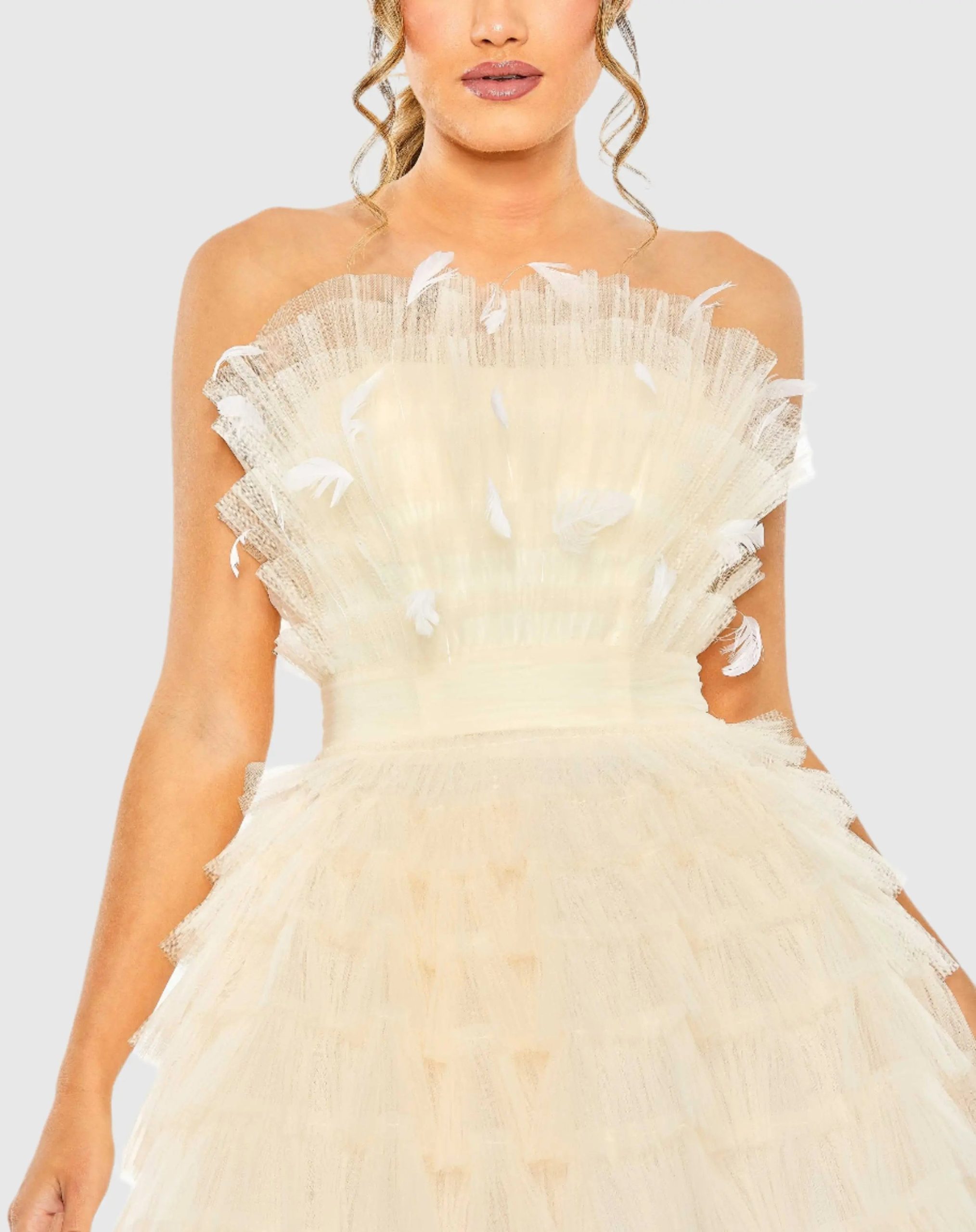 Beige Feathered Strapless Tulle Fit and Flare Dress - FINAL SALE - Image 2