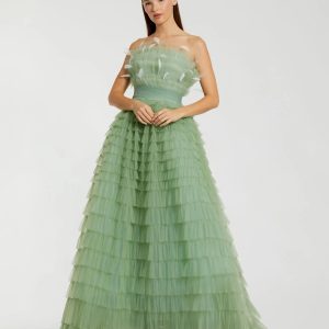 Strapless Ruffle Gown with Feathers