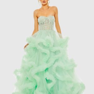Strapless Corset Detail Tulle Layered Gown