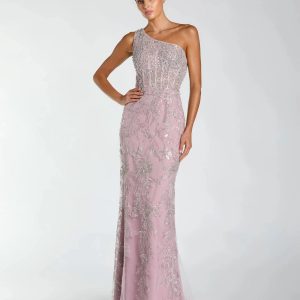 Purple One Shoulder Hand Embellished Evening Gown
