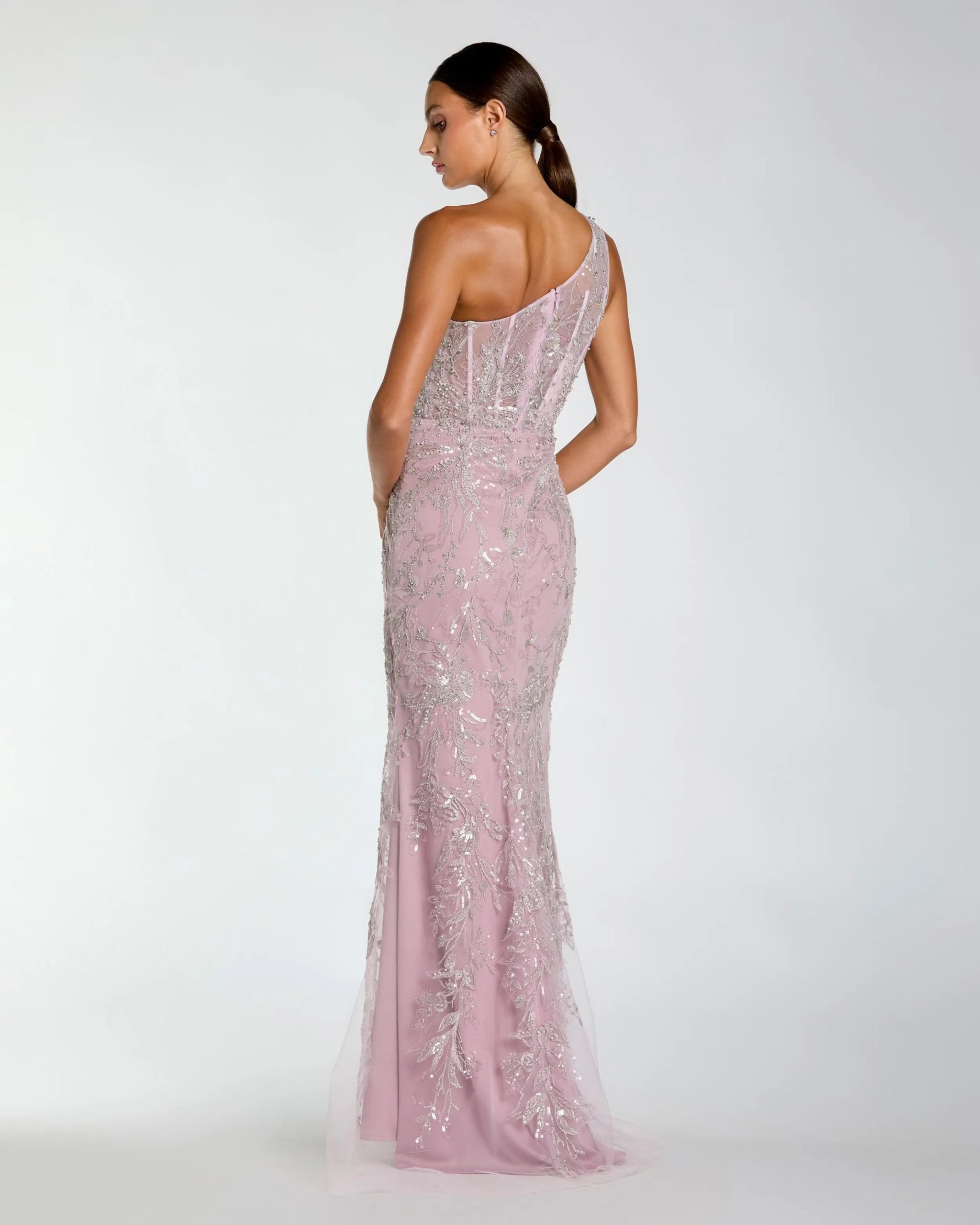 Purple One Shoulder Hand Embellished Evening Gown - Image 3