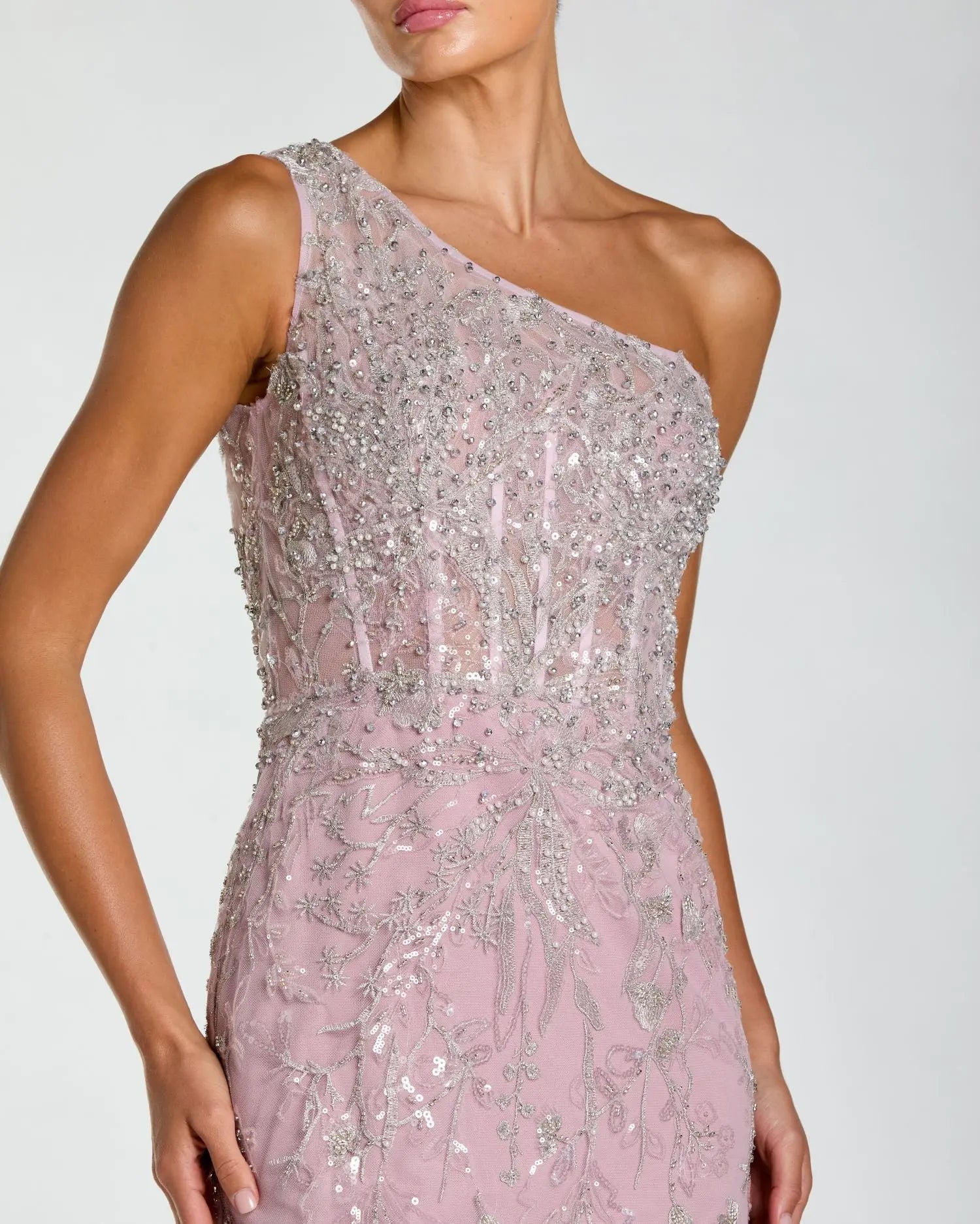 Purple One Shoulder Hand Embellished Evening Gown - Image 2