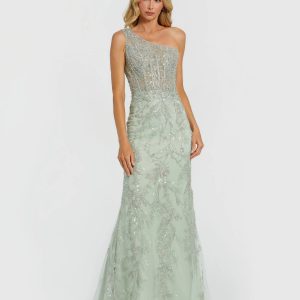 Green One Shoulder Hand Embellished Evening Gown