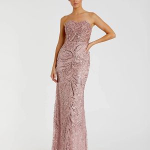 Pink Beaded Sequin Strapless Trumpet Gown