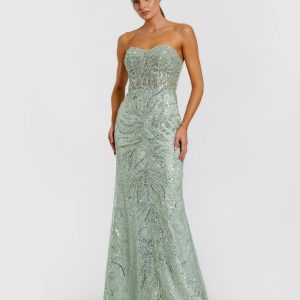 Green Beaded Sequin Strapless Trumpet Gown