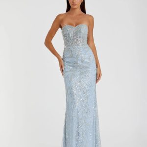 Blue Beaded Sequin Strapless Trumpet Gown