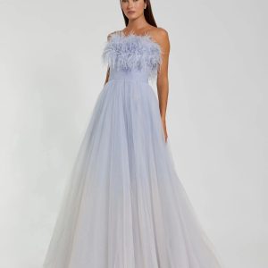 Blue Ombre Strapless Feather Bodice Tulle Gown - FINAL SALE