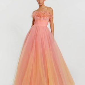Orange and Pink Ombre Strapless Feather Bodice Tulle Gown