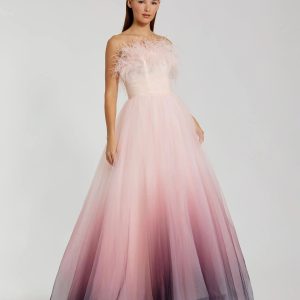 Pink Ombre Strapless Feather Bodice Tulle Gown