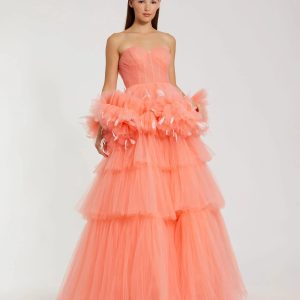 Strapless Tulle Gown with Feather Detail