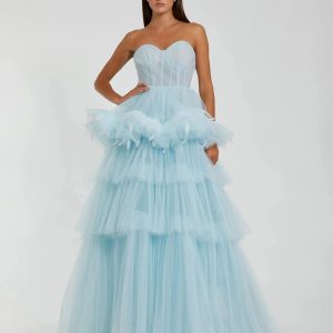 Blue Strapless Tulle Gown with Feather Detail - FINAL SALE