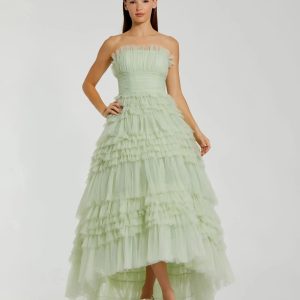 Green Strapless Tulle Ruffle Gown