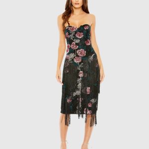 Black Strapless Floral Embroidered Midi Dress With Fringe Detailing