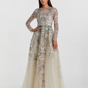 Ivory Long Sleeve Floral Embellished A-Line Gown