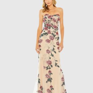 Beige Floral Embroidered Strapless Gown