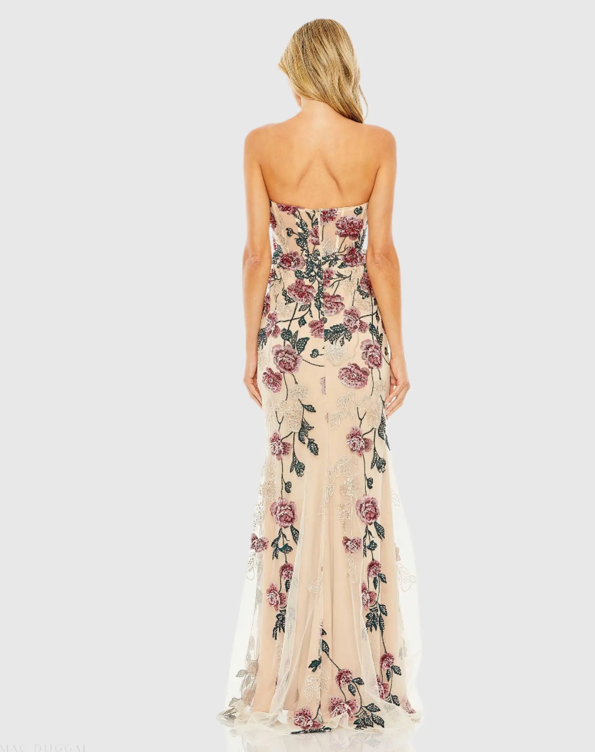 Beige Floral Embroidered Strapless Gown - Image 3