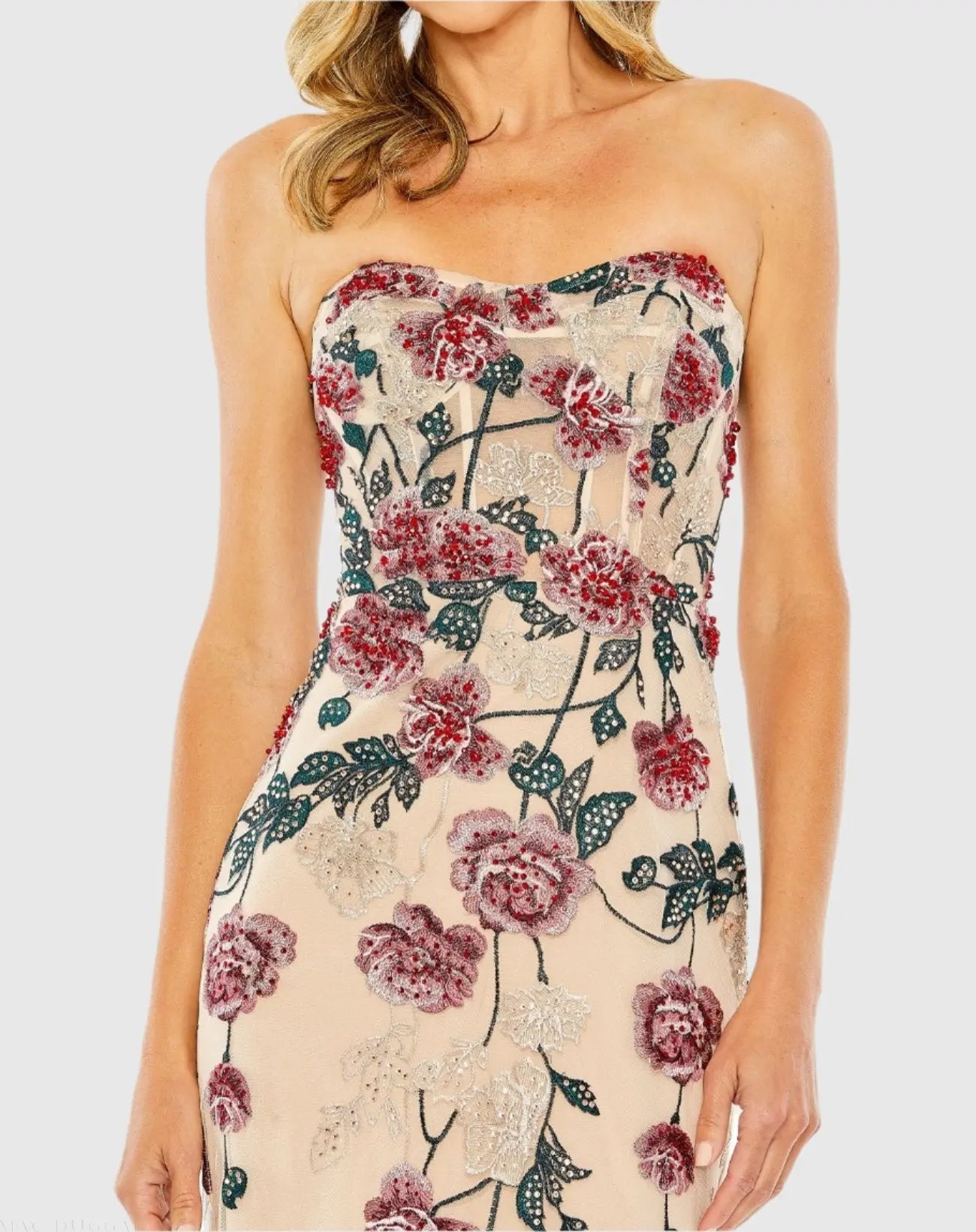 Beige Floral Embroidered Strapless Gown - Image 2