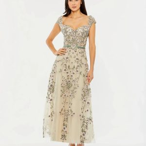 Ivory Floral Embroidered Sweetheart Neckline Midi Dress