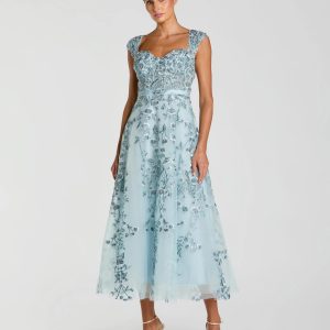 Blue Floral Embroidered Sweetheart Neckline Midi Dress