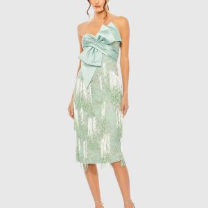 Green Bow Front Ombre Fringe Detailed Dress