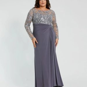 Gray Embroidered Top Jersey Skirt Gown (Plus)