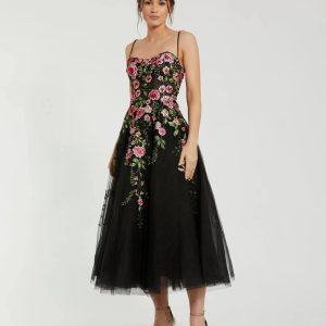 Black Multicolor Bustier Embroidered Floral A-Line Dress