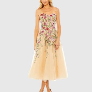 Beige Bustier Embroidered Floral A-Line Dress