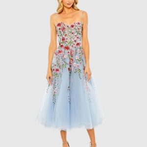 Blue Bustier Embroidered Floral A-Line Dress
