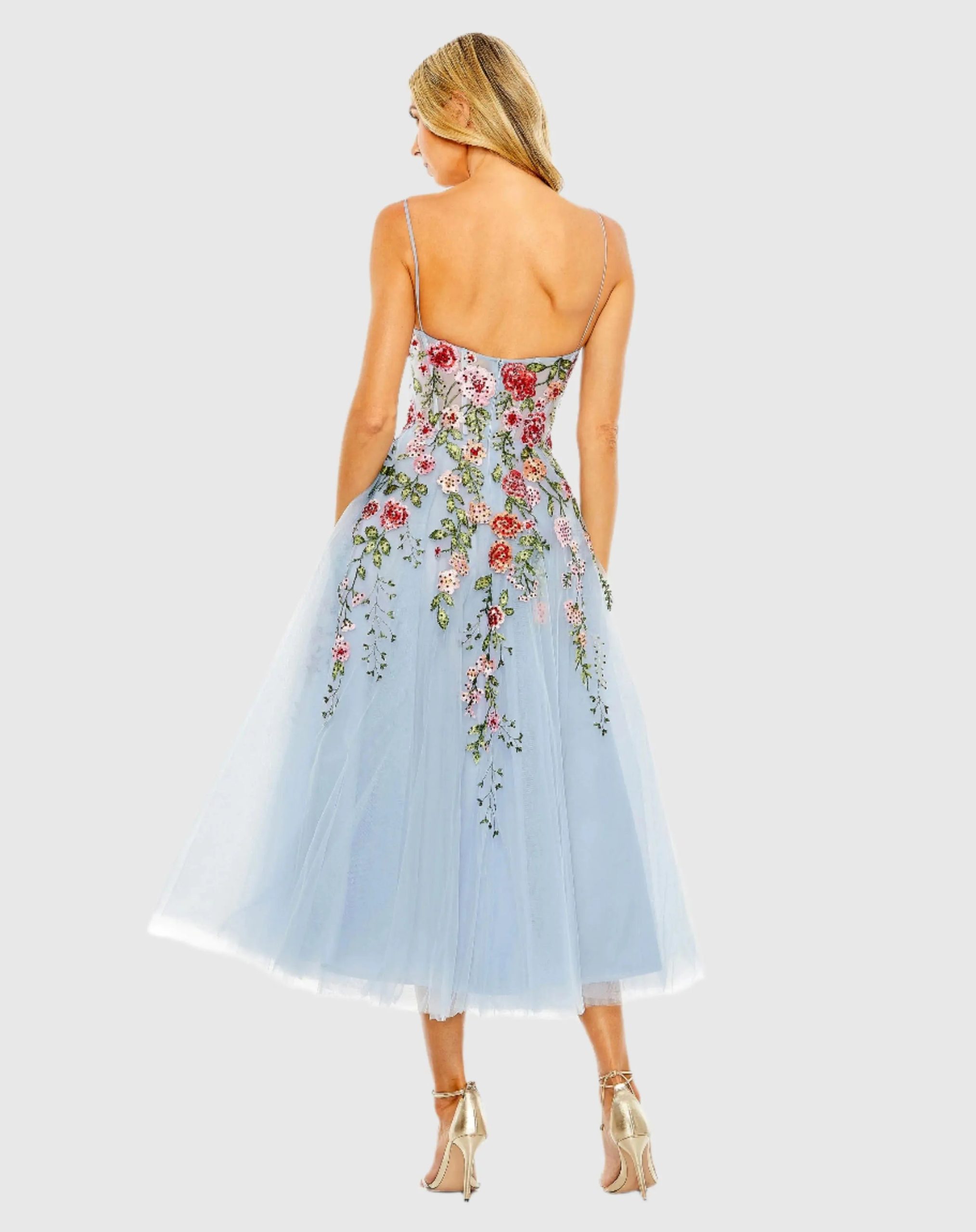 Blue Bustier Embroidered Floral A-Line Dress - Image 3