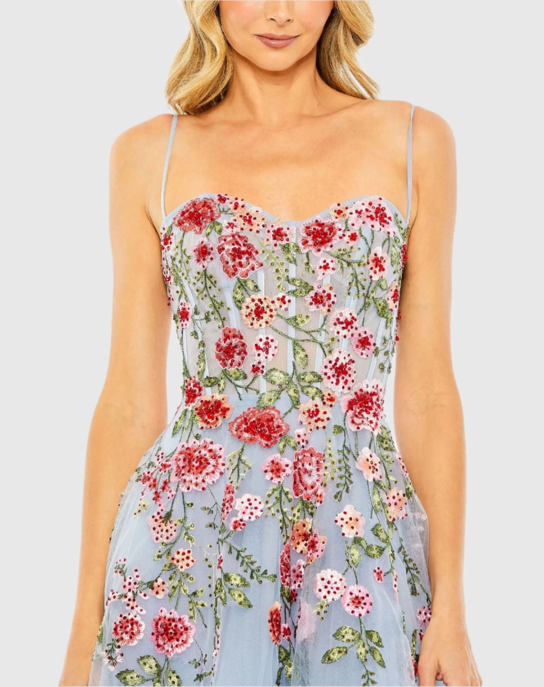 Blue Bustier Embroidered Floral A-Line Dress - Image 2