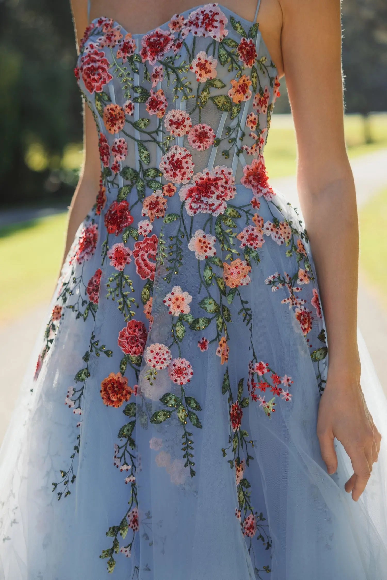 Blue Bustier Embroidered Floral A-Line Dress - Image 5