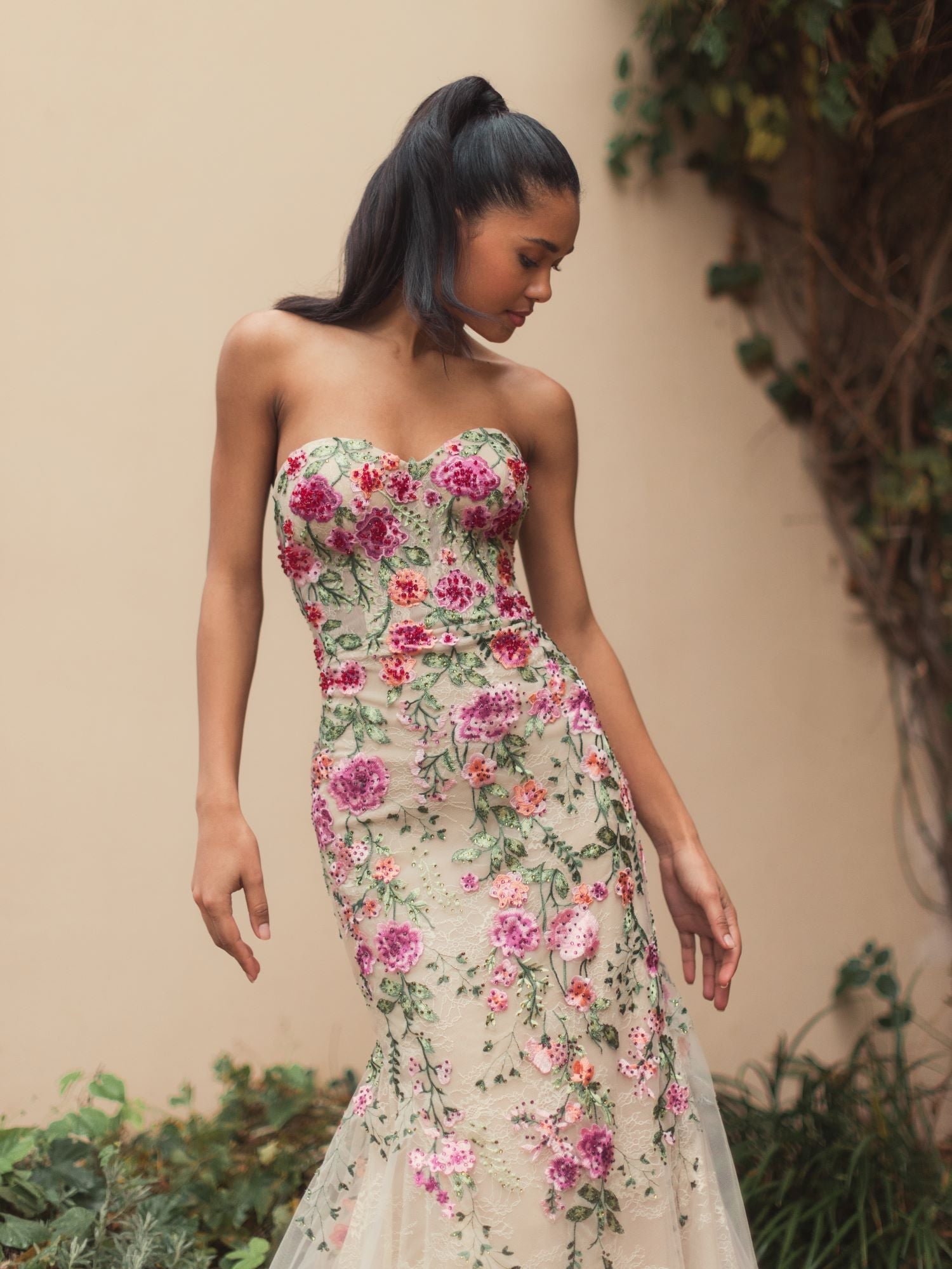 Beige Strapless Bustier Floral Embroidered Mermaid Gown - Image 5