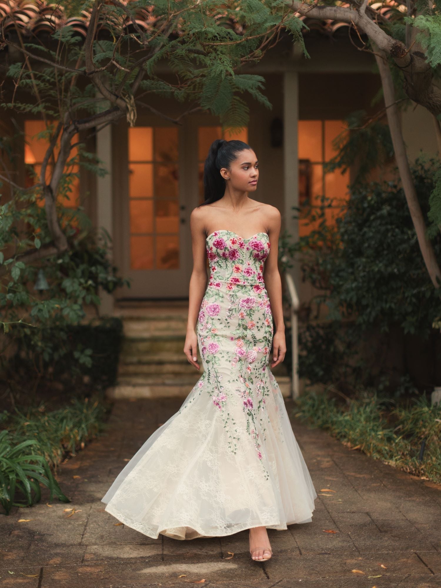 Beige Strapless Bustier Floral Embroidered Mermaid Gown - Image 7