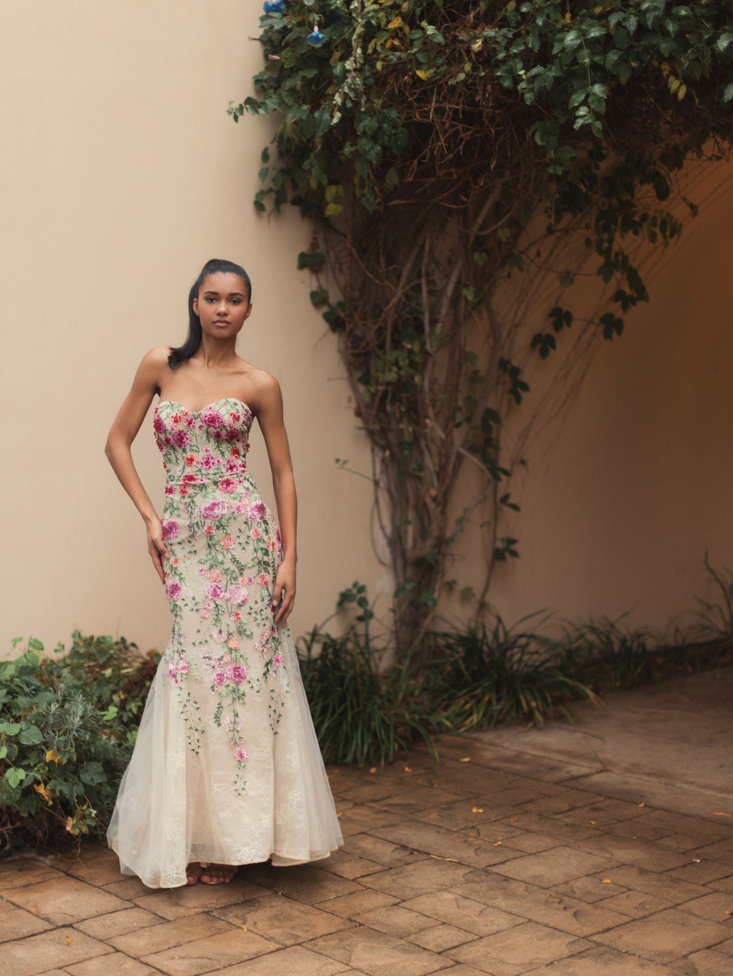 Beige Strapless Bustier Floral Embroidered Mermaid Gown - Image 4