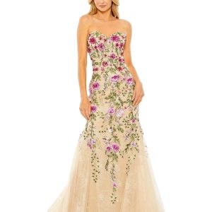 Beige Strapless Bustier Floral Embroidered Mermaid Gown