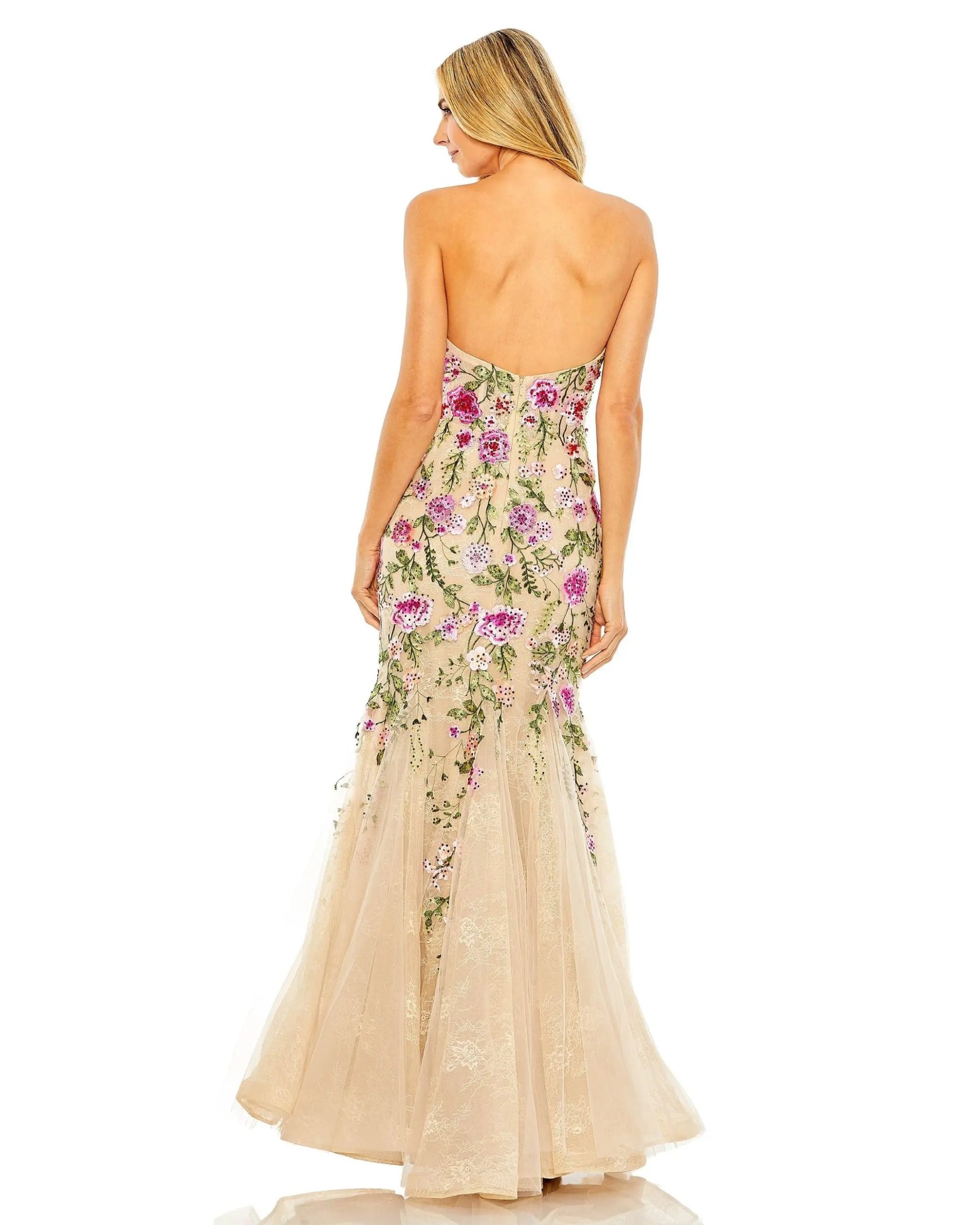 Beige Strapless Bustier Floral Embroidered Mermaid Gown - Image 3