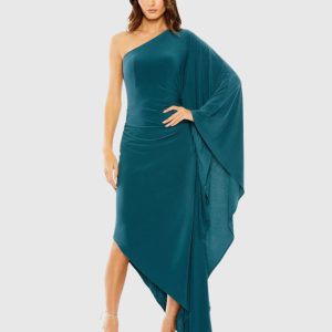 Blue One Shoulder Cape Sleeve Ruched Detail Jersey Dress