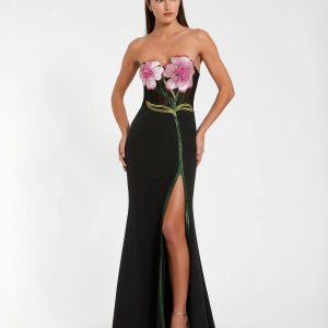 Black Strapless Sheer Embroidered Bustier Gown