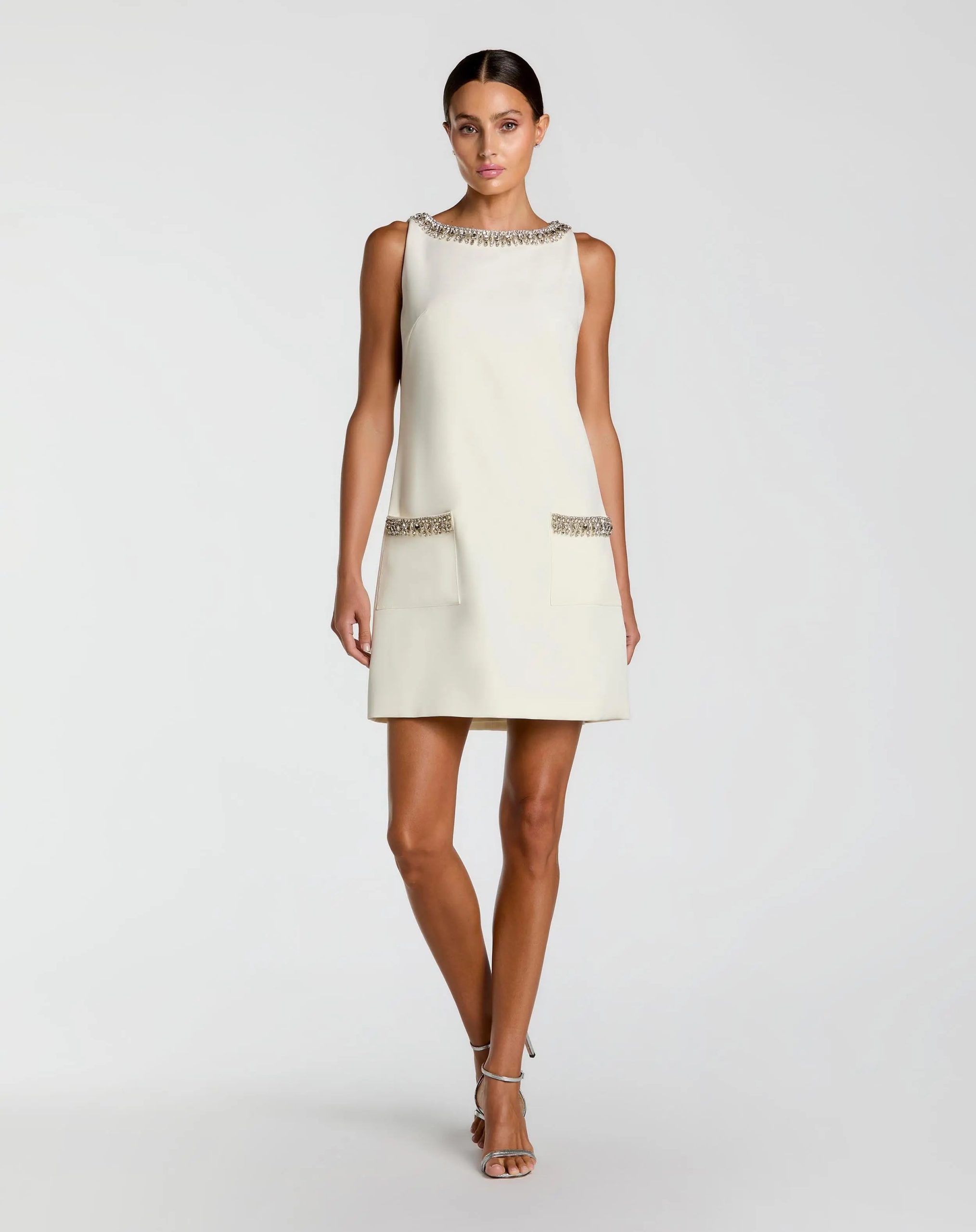 Ivory Sleeveless Shift Mini Dress with Rhinestone Trim