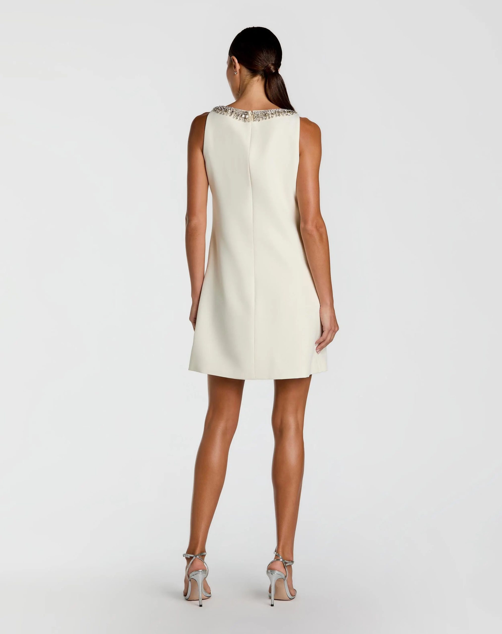 Ivory Sleeveless Shift Mini Dress with Rhinestone Trim - Image 3