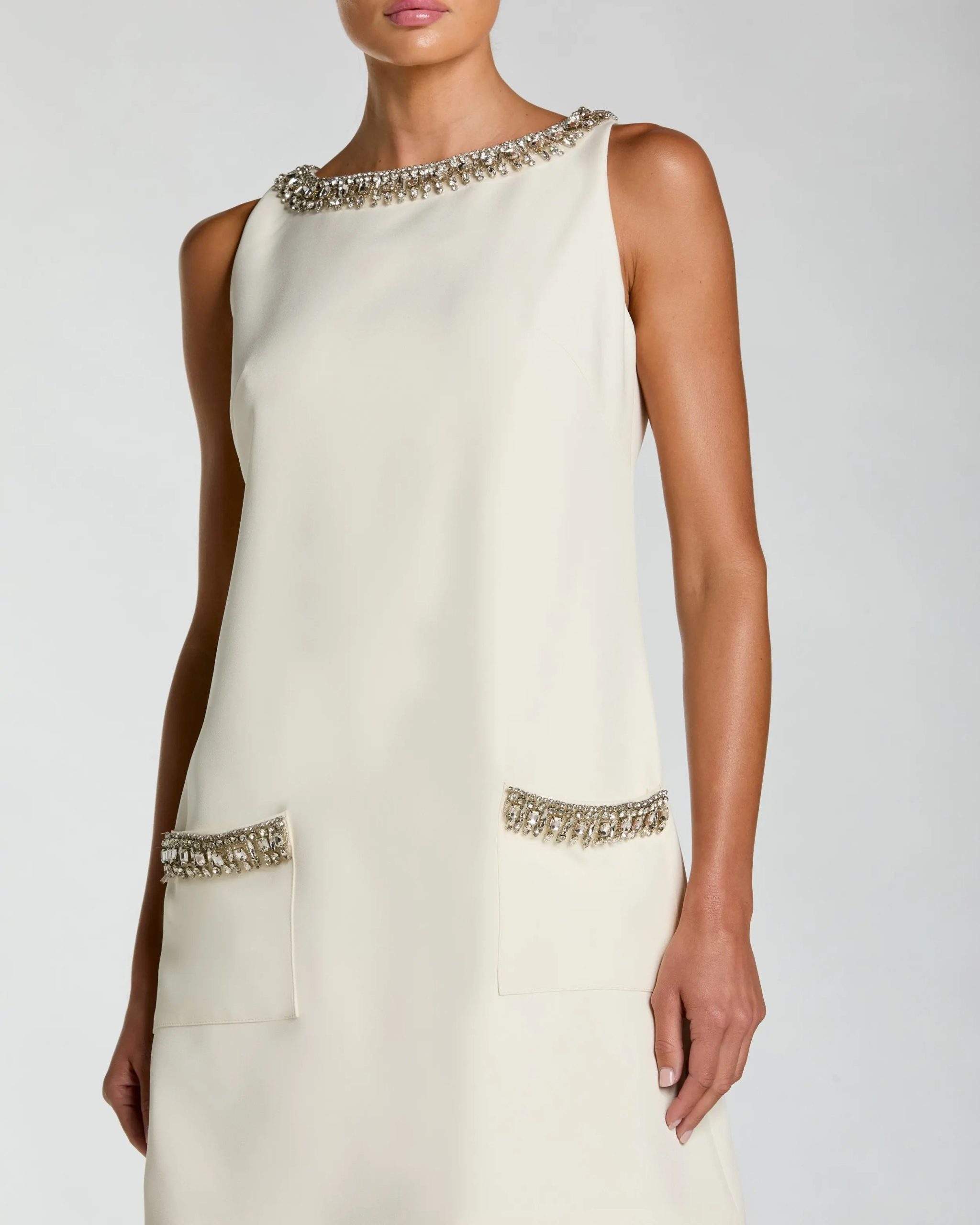 Ivory Sleeveless Shift Mini Dress with Rhinestone Trim - Image 2