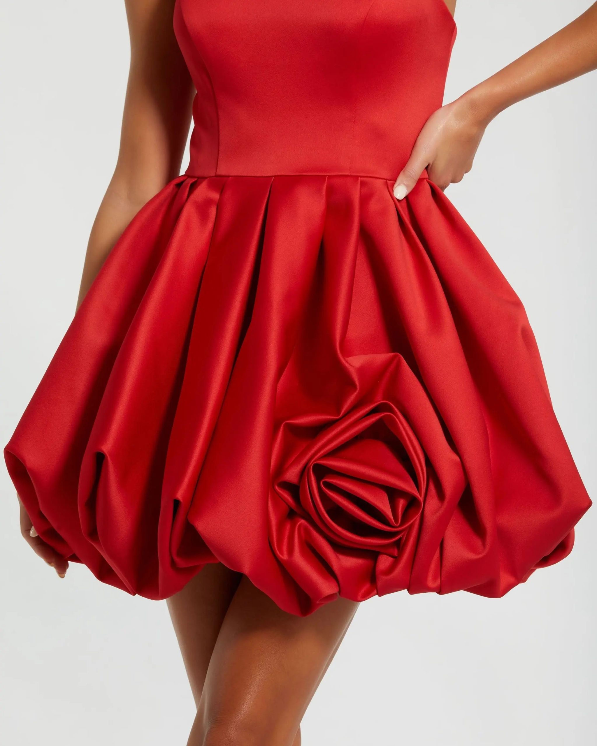 Red Strapless Mini Dress With Rose Ruffle Detail - Image 2