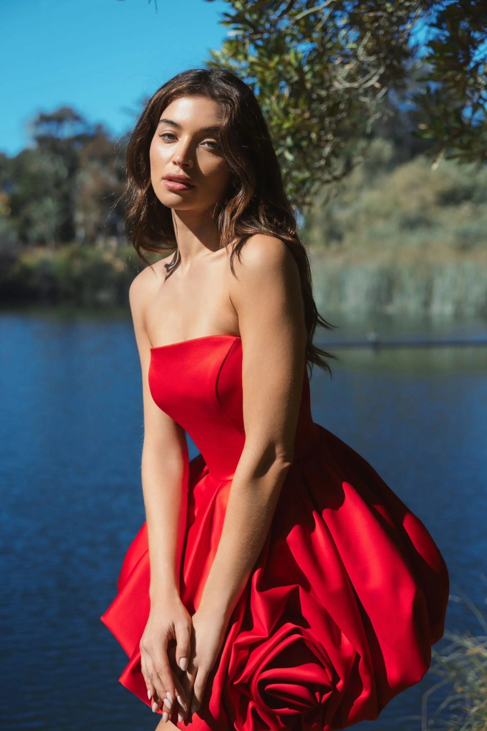 Red Strapless Mini Dress With Rose Ruffle Detail - Image 5