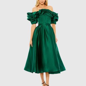 Green Off The Shoulder Tea Length Dress