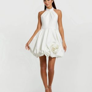 White Satin Bubble Hem Backless Mini Dress
