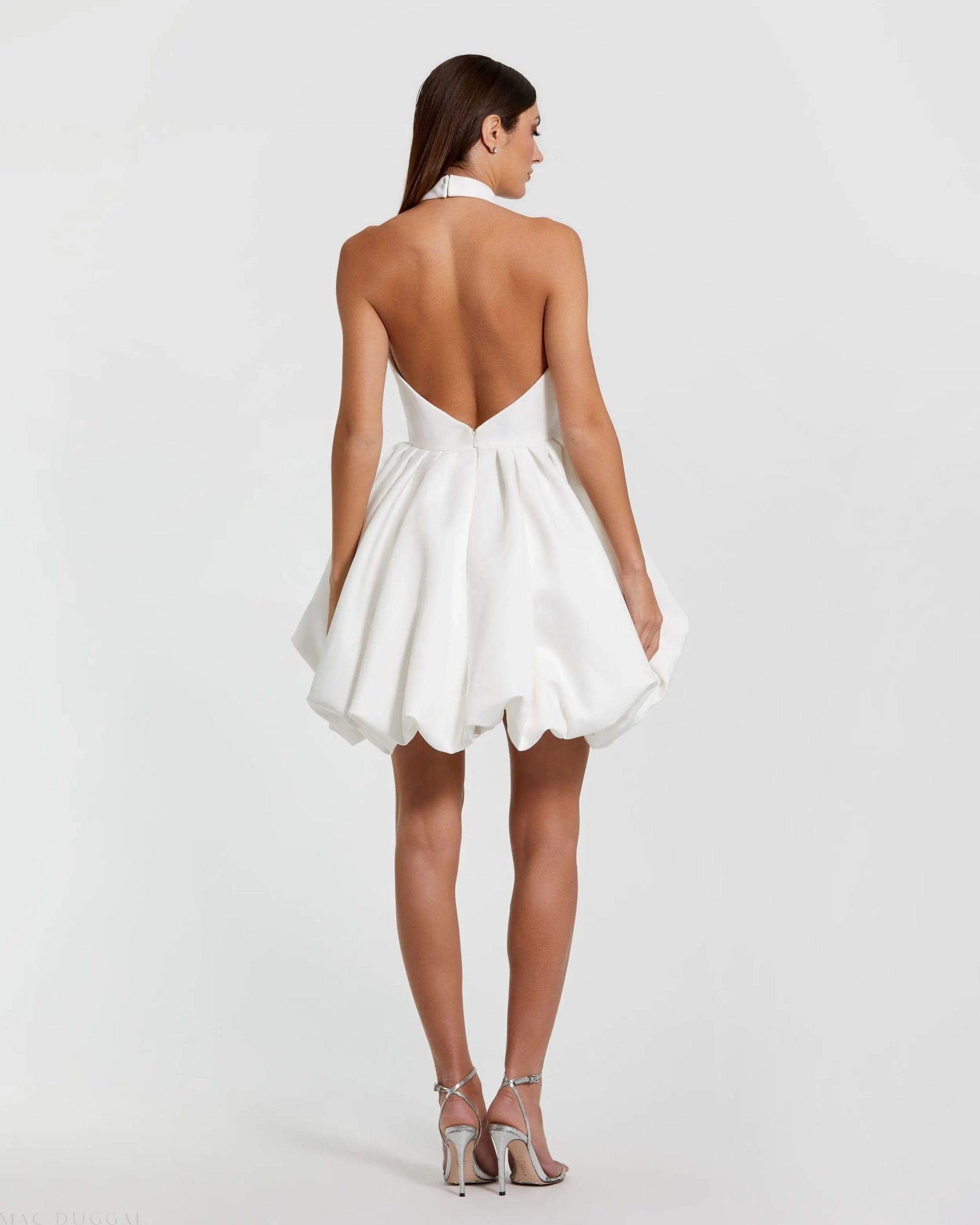 White Satin Bubble Hem Backless Mini Dress - Image 2