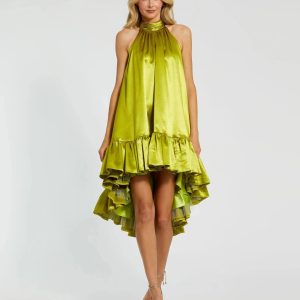 Green High Neck Satin Mini Dress With Keyhole